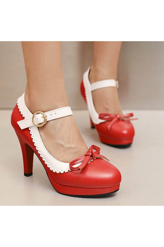 High Heels for Women – Color Block Design with Bowknot Decorations, Thick Heel & Single Strap Gothic Princess Style Fashion Shoes