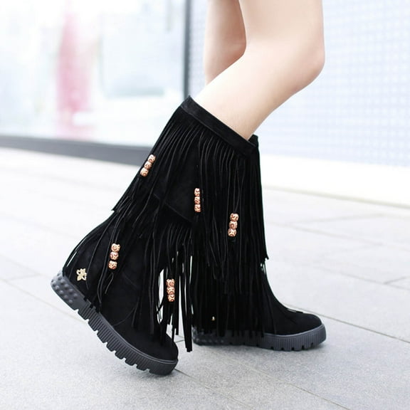Wowcloth High Shaft Boots for Women – Stylish Ethnic-Chic Beaded Fringe Details with Low Heel Round Toe for Versatile Outfits