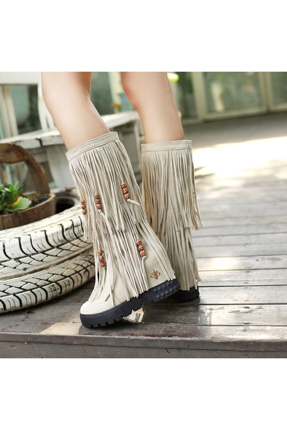 High Shaft Boots for Women – Stylish Ethnic-Chic Beaded Fringe Details with Low Heel Round Toe for Versatile Outfits