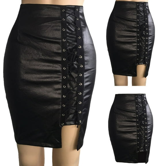 Wowcloth High Waist Leather Bandage Skirt for Women Sexy Knee Length Hip Split Design Stylish Ladies Skirt for Night Out