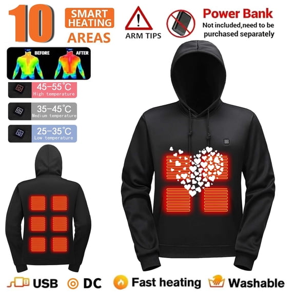 Wowcloth Hooded Sweatshirt with Smart Heating, 10-Zone Individual Control, Thermal Electric Heating Apparel for Winter, Unisex Cotton Blend Fleece Pullover
