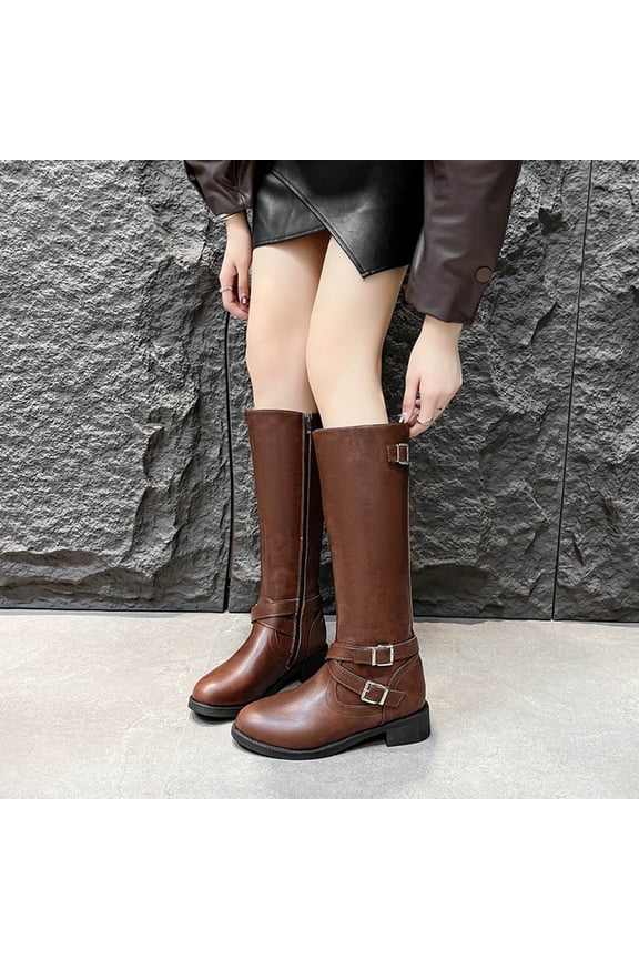 Knee-High Boots for Women – Fashion Casual Winter Straight Boots with Side Zipper, Round Toe and Low Block Heel for Daily Wear