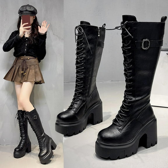 Wowcloth Knee-High Boots for Women – Lace-Up & Buckle Design with Chunky Heel & Platform Sole for Stylish Casual Winter Outfit