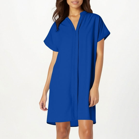 Wowcloth Ladies Solid Color Short Sleeve V-neck Light Mature Loose Dress