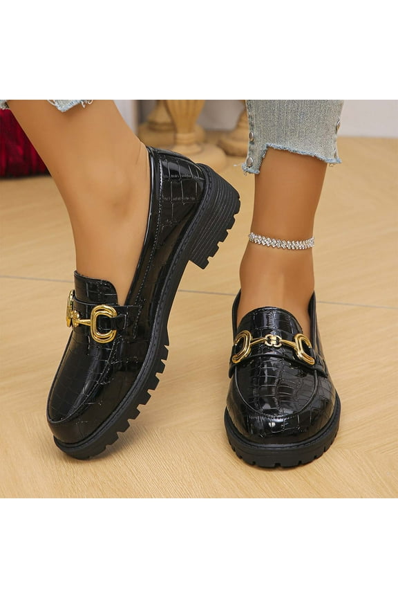Loafer Shoes for Women – Casual Fashion Chunky Heel with Round Toe & Metal Buckle for Spring-Summer Style