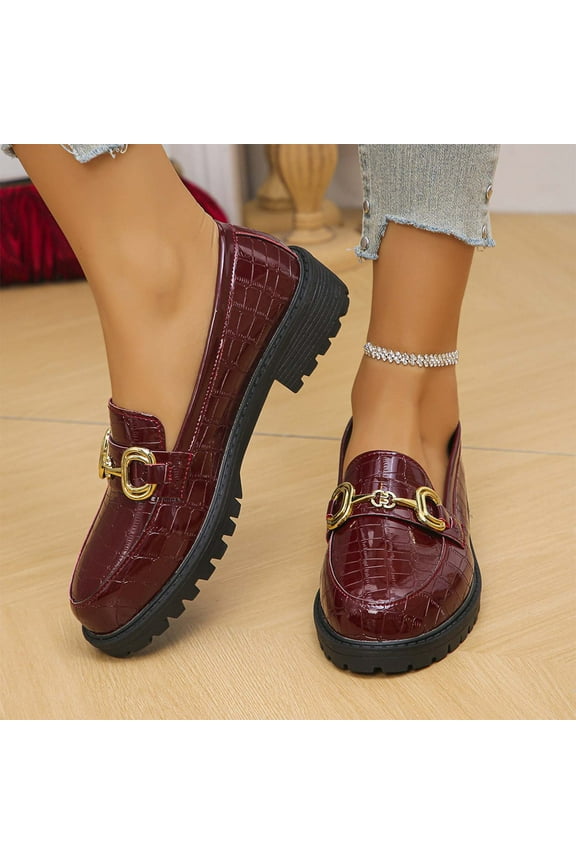 Loafer Shoes for Women – Casual Fashion Chunky Heel with Round Toe & Metal Buckle for Spring-Summer Style