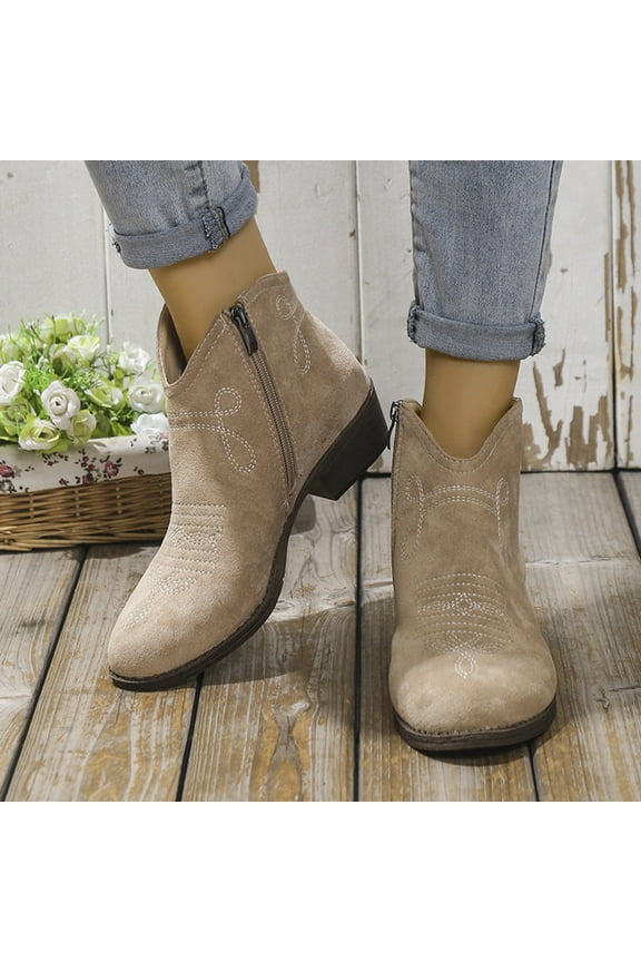 Low Heel Ankle Boots for Women – Embroidered Round Toe with V-Cut Design & Block Heel for Casual Chic Footwear