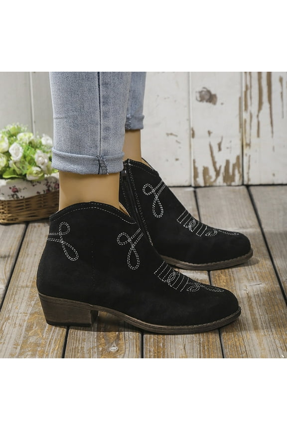 Low Heel Ankle Boots for Women – Embroidered Round Toe with V-Cut Design & Block Heel for Casual Chic Footwear