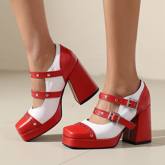 Wowcloth Mary Jane High Heels for Women - Color Block Platform with Double Buckle Strap, Chunky Heel and Waterproof Sole for Versatile Outfit Choices