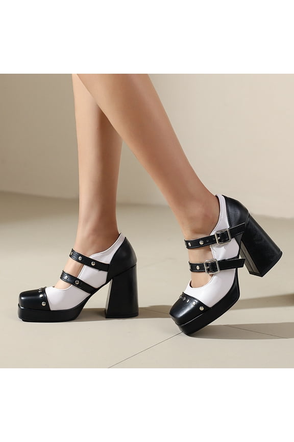 Mary Jane High Heels for Women - Color Block Platform with Double Buckle Strap, Chunky Heel and Waterproof Sole for Versatile Outfit Choices