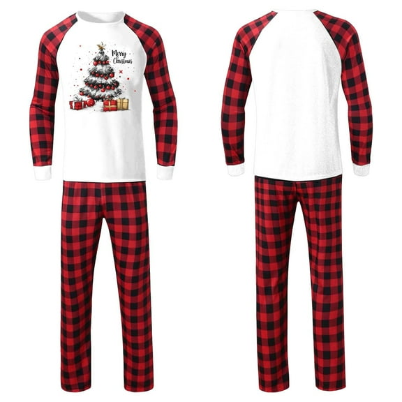 Wowcloth Men's Christmas Plaid Print Pajama Set, Long Sleeve T-Shirt with Side Pocket Pants for Family Homewear and Holiday Gatherings