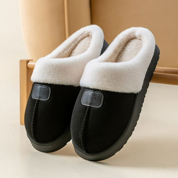 Wowcloth Men's Fashion Fall/Winter Letter Print Plush Slippers – Anti-Slip Fleece-Lined Thick Sole Warm Bear Design House Shoes for Indoor Comfort