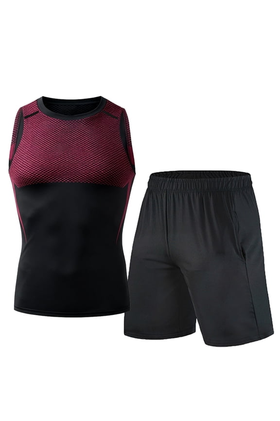 Men's Sleeveless Compression Top and Shorts Set, Muscle Support Shark Pattern Workout Outfit for Gym Fitness Running