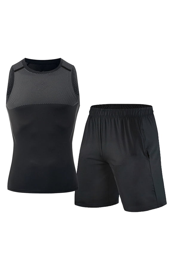 Men's Sleeveless Compression Top and Shorts Set, Muscle Support Shark Pattern Workout Outfit for Gym Fitness Running