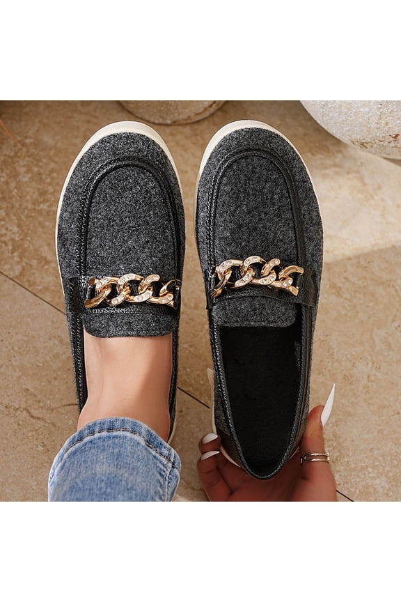 Metal Chain Decor Wool Loafers for Women – Comfortable Elevated Flat Sole with Wide Width Fall & Winter Casual Shoes for Everyday Outfits