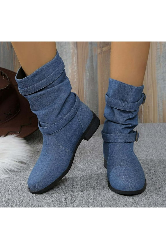 Mid-Calf Boots for Women – Fashionable Buckle Strap, Chunky Heel & Solid Color Round Toe Casual Stylish Ankle Boots for Autumn Winter Outfits