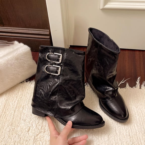 Wowcloth Mid-Calf Boots for Women – Winter New Fashion Ankle-Length Slip-On Chunky Heel Boots for Casual Wear