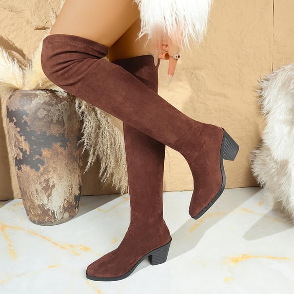Wowcloth Over-the-Knee Boots for Women – Winter High Heel Retro Style with Solid Color Design for Cold Weather Fashion