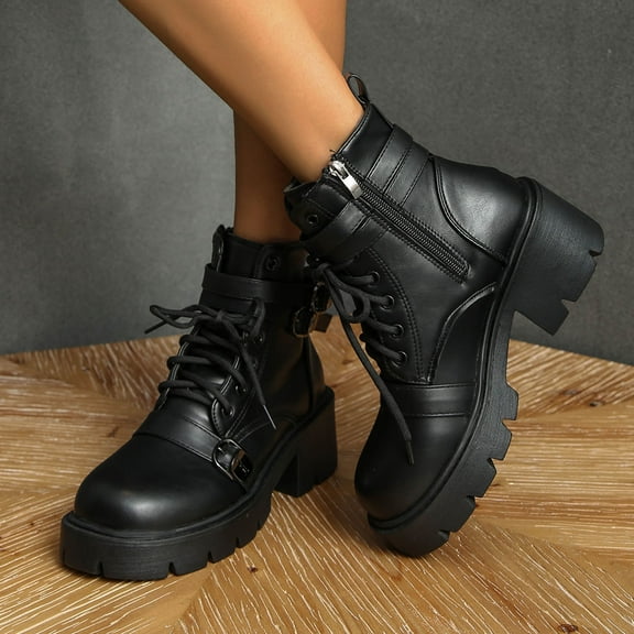 Wowcloth Patent Leather Platform Boots for Women – Comfortable Lace-Up Buckle Closure Wide Width Design with Chunky Mid Heel for Autumn Winter Casual Wear