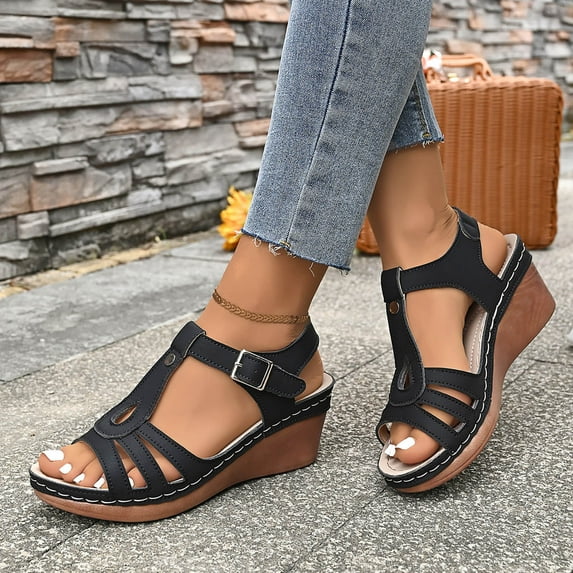 Wowcloth Plus Size Women's Peep Toe Wedge Sandals – Openwork Design with Single Buckle Strap in Solid Color for Casual Summer Versatile Wear