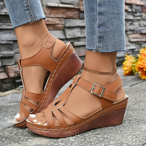 Wowcloth Plus Size Women's Peep Toe Wedge Sandals – Openwork Design with Single Buckle Strap in Solid Color for Casual Summer Versatile Wear