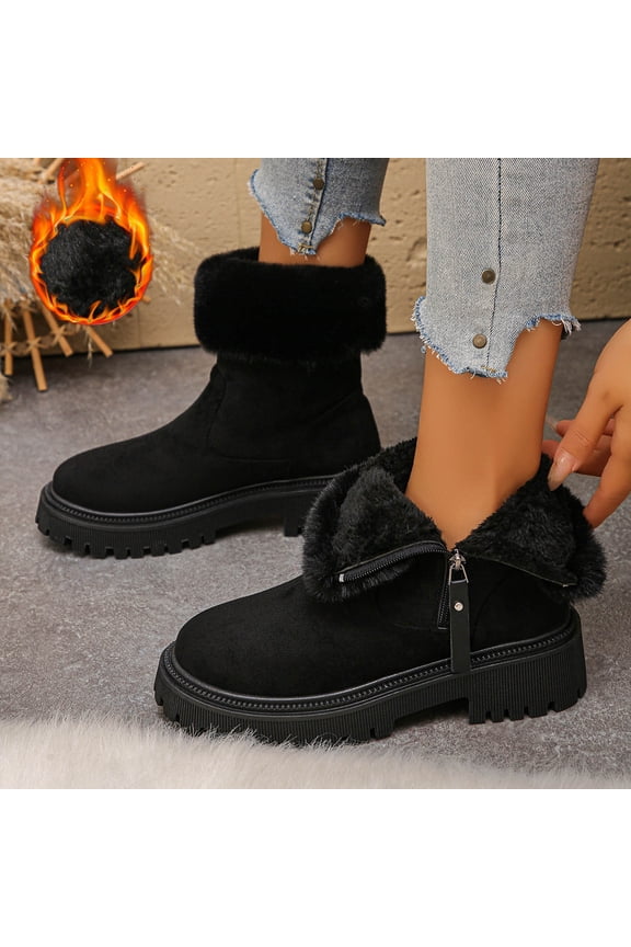 Plush Winter Boots for Women – Cozy Chunky Heel Short Shaft Snow Shoes with Faux Fur Lining & Non-Slip Thick Sole for Casual Outdoor Cold Weather Wear