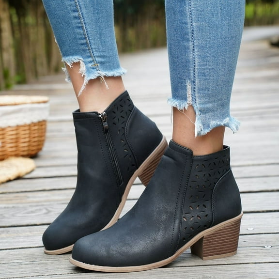 Wowcloth Retro Martin Boots for Women – Fashionable Autumn Winter Side Zipper Ankle Boots with Chunky Heel & Cut-Out Design for Casual Outfits