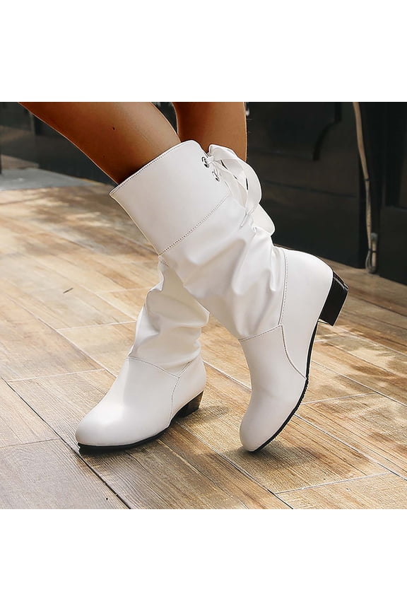Riding Boots for Women – Comfortable Low Heel Round Toe Rear Lace-Up with Thermal Insulated Mid-Calf Design for Everyday Comfort & Winter Outfits