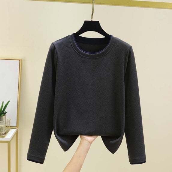 Wowcloth Round Neck Long Sleeve Top for Women, Fashion Casual Solid Color, Velvet Thermal Warm for Daily Wear