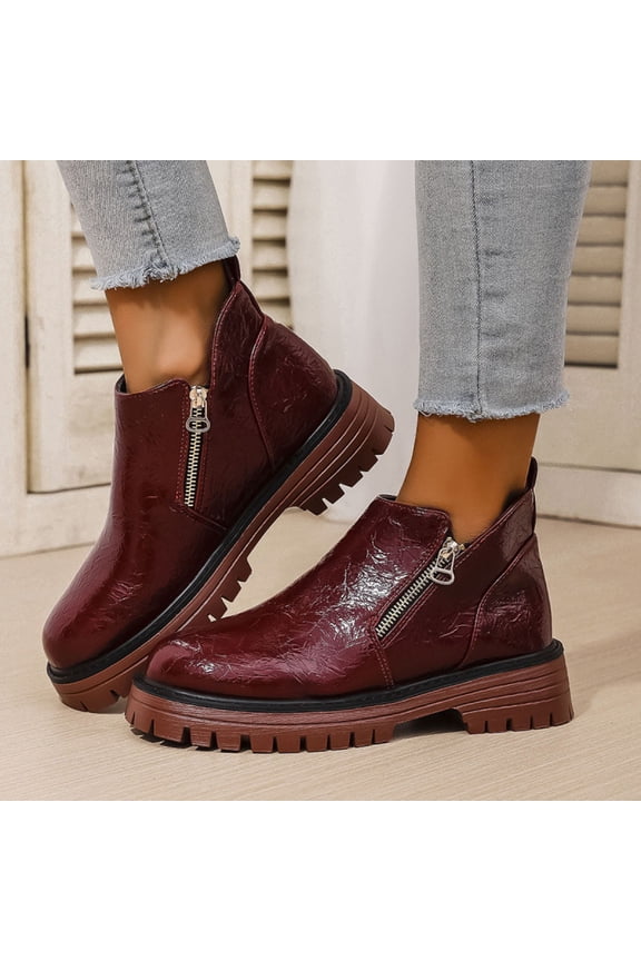 Round-Toe Ankle Boots for Women - Comfortable Elevating Side Zipper Design with Versatile Casual Style & Eye-Catching British Fashion for Autumn Winter Footwear