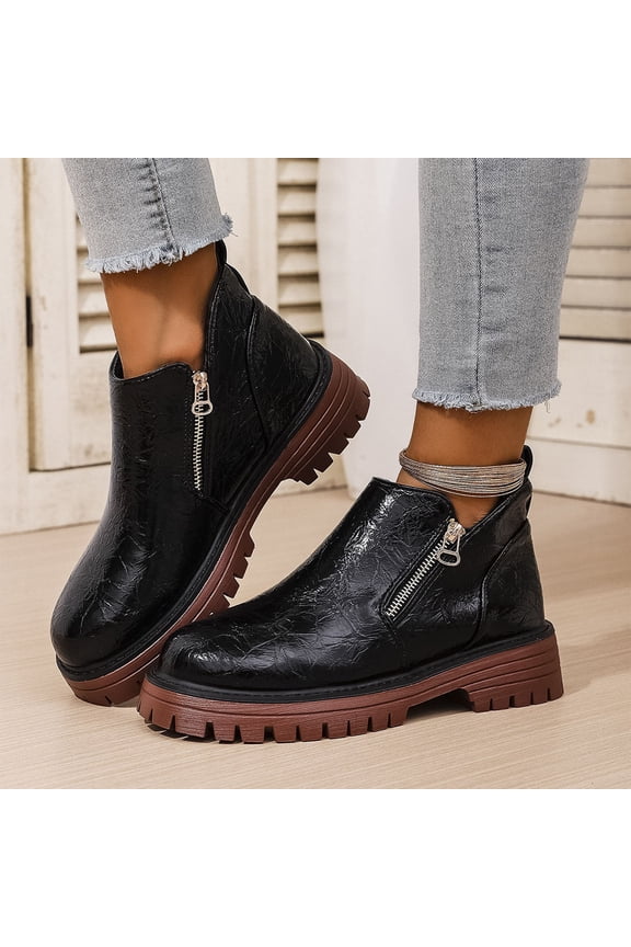 Round-Toe Ankle Boots for Women - Comfortable Elevating Side Zipper Design with Versatile Casual Style & Eye-Catching British Fashion for Autumn Winter Footwear