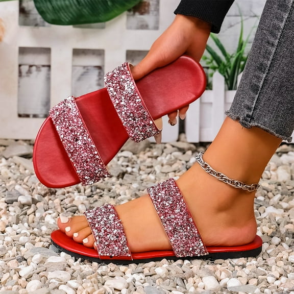 Wowcloth Sandals for Women – Fashionable Casual Summer Dressy Style with Soft Glitter Rhinestone Single Strap Beachwear Flat Shoes for Daily Outfits,Plus Size