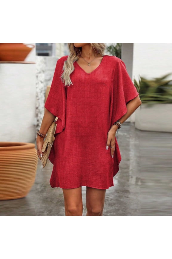 Shirt Dress for Woman, Short Sleeve V-Neck Solid Color for Casual Office and Daily Use