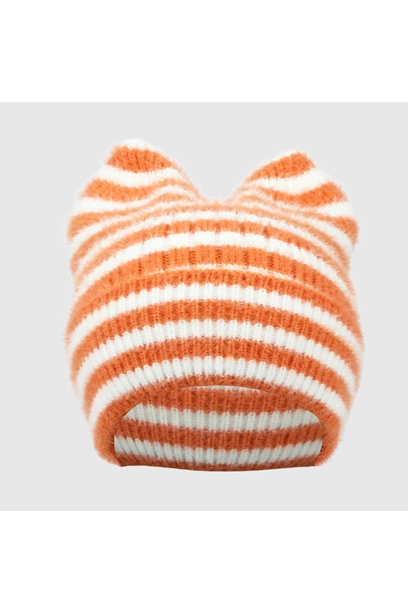 Striped Cat Ear Knitted Hat for Women, Warm Winter Thickened Ear Protection, Soft Cozy Wool Beanie, Cold Weather Fleece Lined Cap