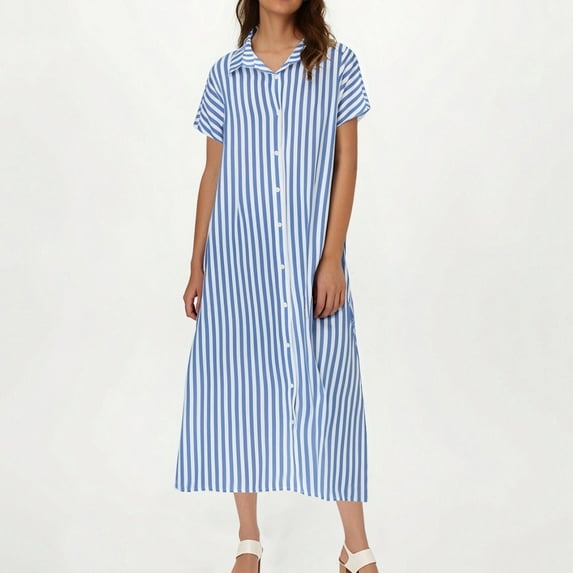 Wowcloth Striped Lapel Button Down Shirt Dress,Summer Casual Button up Short Sleeve Long Shift Dress