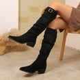 thumbnail image 1 of Wowcloth Suede Knee-High Boots for Women - Pointed Toe with Stacked Ruffles and Buckle Strap, Chunky Heel for Slimming Effect, Casual Riding Boots for Autumn Winter Fashion, 1 of 9