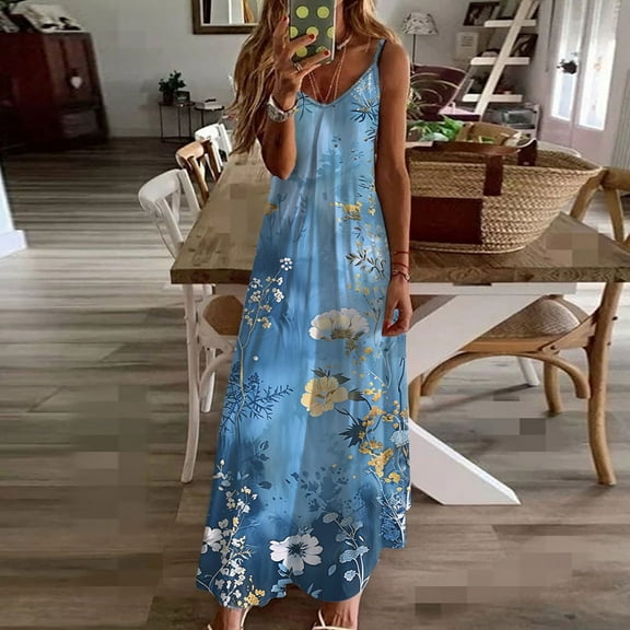 Wowcloth Summer Dresses For Women Print Sleeveless Round Neck Dress Casual Long Dresses - Stylish Friends Meet-Up Dress