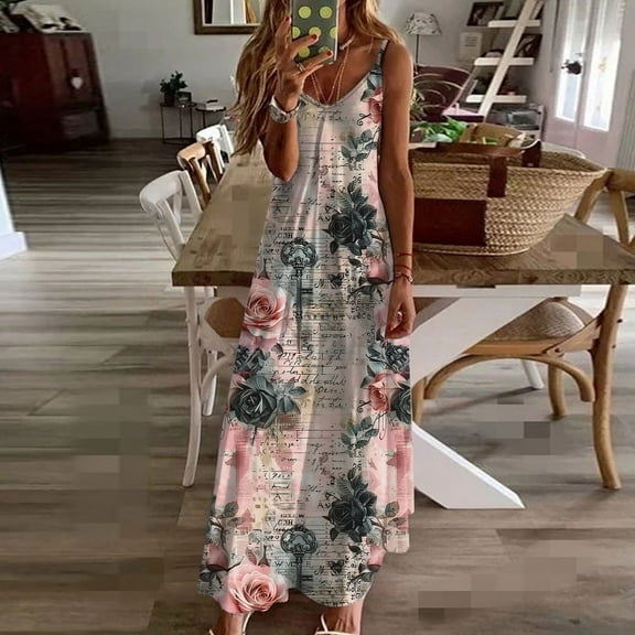 Wowcloth Summer Dresses For Women Print Sleeveless Round Neck Dress Casual Long Dresses - Stylish Poolside Outfit Dress