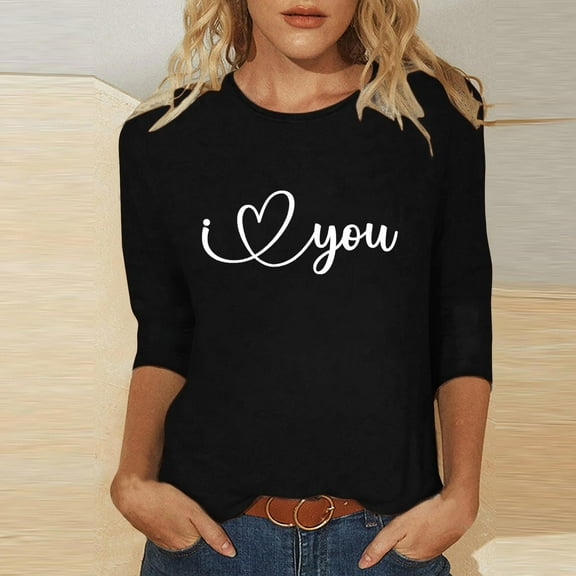 Wowcloth T-shirt for Woman, Valentine Print Round Neck with Three-Quarter and Long Sleeves, Loose Fit for Casual Daily Wear and Dating