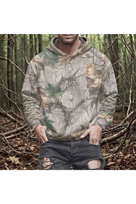 Unisex Camo Print Fleece-Lined Hoodie - Long Sleeve Leaf Camouflage Design with Adjustable Drawstring Hood & Kangaroo Pocket for Outdoor Activities & Casual Winter Wear