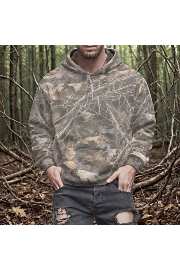 Unisex Fleece-Lined Camouflage Leaf Print Hooded Sweatshirt - Long Sleeve with Pockets and Adjustable Drawstring Hood for Casual, Outdoor & Daily Wear