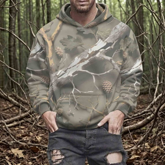 Wowcloth Unisex Long-Sleeve Camouflage Leaf Print Fleece-Lined Hooded Sweatshirt - Adjustable Drawstring Hood with Kangaroo Pocket for Outdoor & Casual Wear