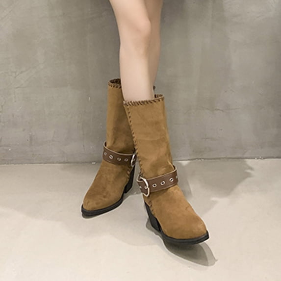 Wowcloth Western Suede Ankle Boots for Women – Vintage Pointed Toe with Chunky Low Heel, Comfortable Retro Fall/Winter Footwear