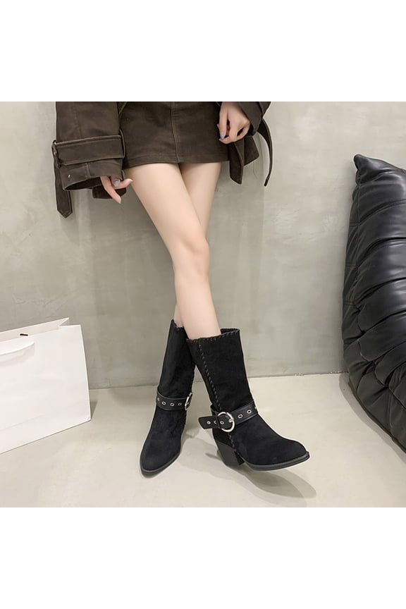 Western Suede Ankle Boots for Women – Vintage Pointed Toe with Chunky Low Heel, Comfortable Retro Fall/Winter Footwear