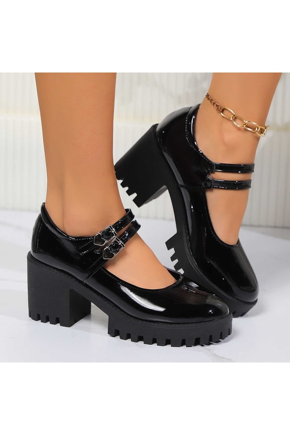 Wide Width Loafers for Women – Double Strap Chunky Heel Slip-On with Retro Shallow Cut Design & Thick Casual Footwear