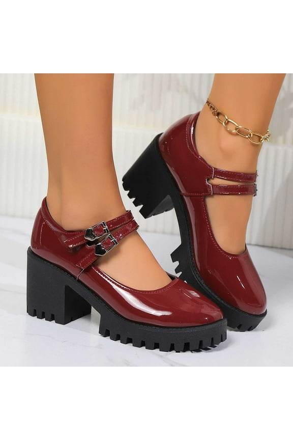 Wide Width Loafers for Women – Double Strap Chunky Heel Slip-On with Retro Shallow Cut Design & Thick Casual Footwear