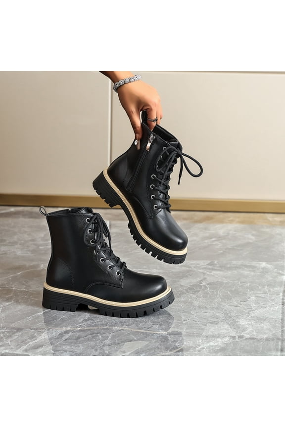 Winter Ankle Boots for Women – Casual Fashion Front Lace-Up & Side Zipper Round Toe with Chunky Low Heel for Daily Wear and Outdoor Winter Activities