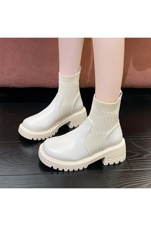 Winter Ankle Boots for Women – Fashion Casual Solid Color Block Round Toe with Knit Elasticated Collar & Chunky Low Heel for Stylish Everyday Winter Footwear