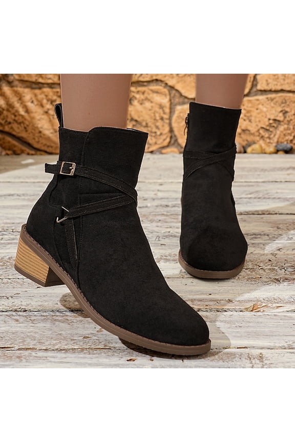 Winter Ankle Boots for Women – Chunky Low Heel Pointed Toe with Side Zipper in Solid Color for Casual Fashion Winter Footwear