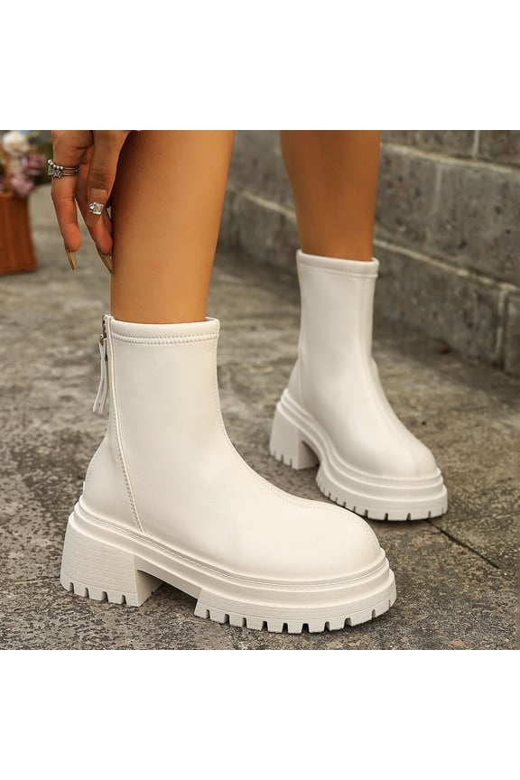 Winter Ankle Boots for Women – Fashion Casual Solid Round Toe with Rear Zipper Chunky Low Heel for Everyday Winter Fashion